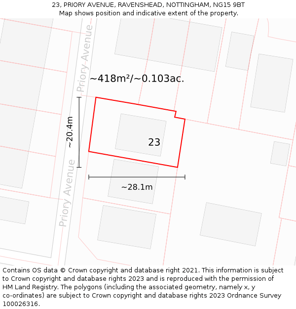 23, PRIORY AVENUE, RAVENSHEAD, NOTTINGHAM, NG15 9BT: Plot and title map