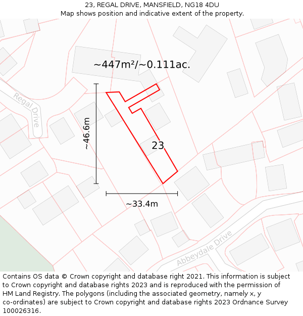 23, REGAL DRIVE, MANSFIELD, NG18 4DU: Plot and title map