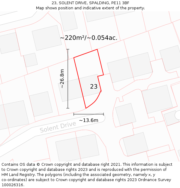 23, SOLENT DRIVE, SPALDING, PE11 3BF: Plot and title map