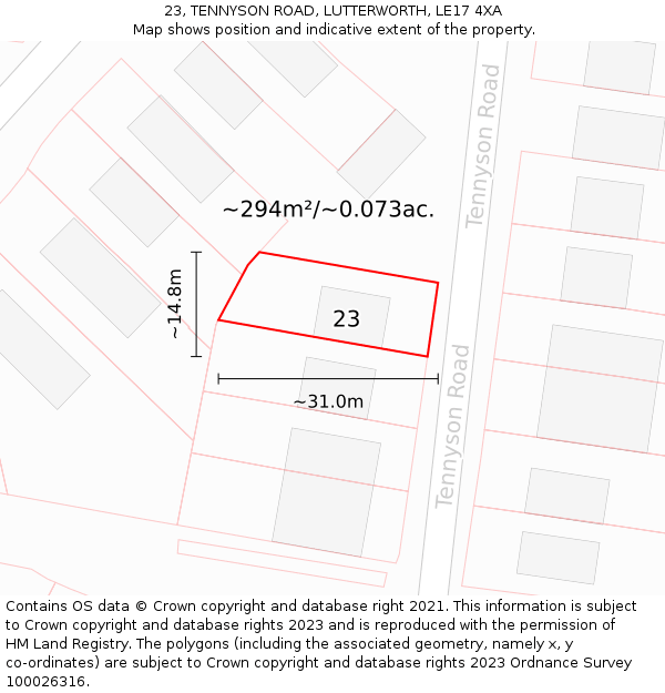 23, TENNYSON ROAD, LUTTERWORTH, LE17 4XA: Plot and title map