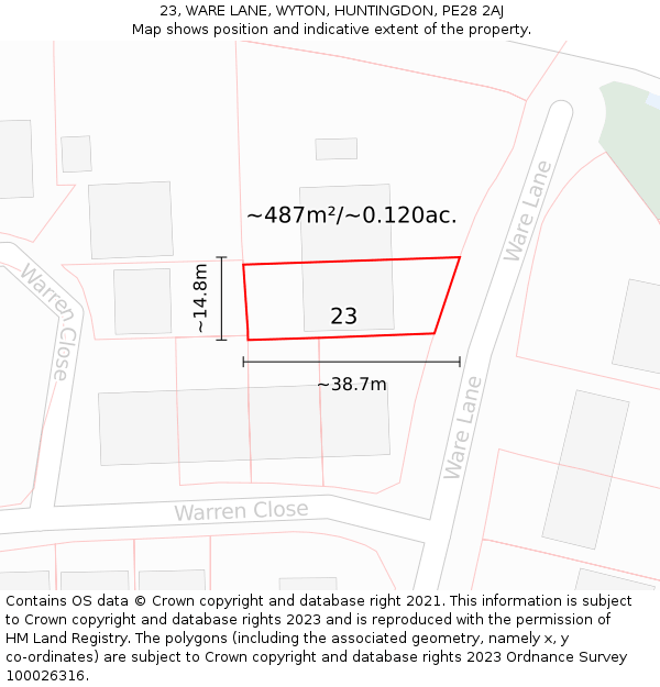 23, WARE LANE, WYTON, HUNTINGDON, PE28 2AJ: Plot and title map