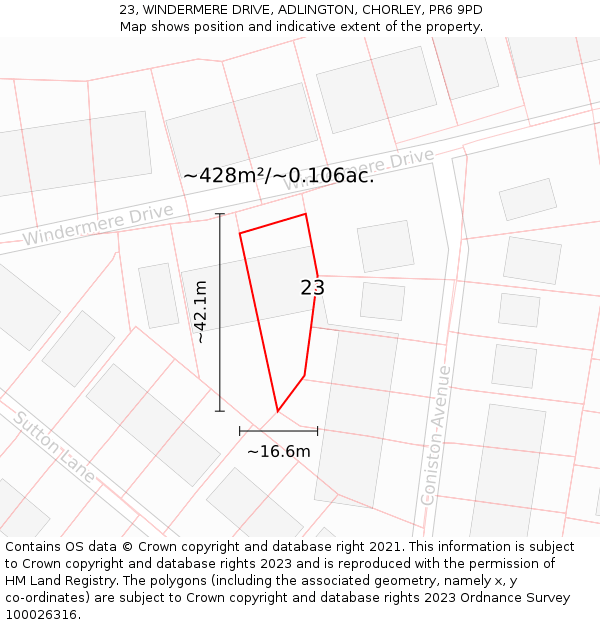 23, WINDERMERE DRIVE, ADLINGTON, CHORLEY, PR6 9PD: Plot and title map