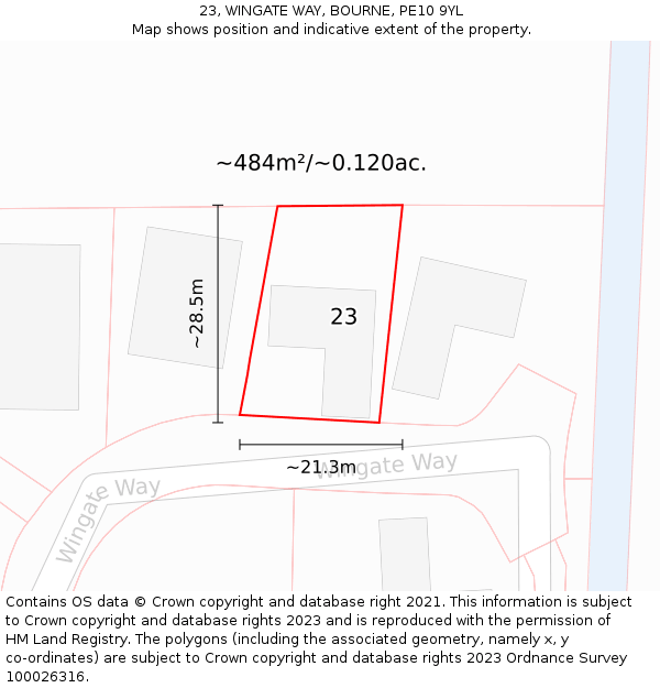 23, WINGATE WAY, BOURNE, PE10 9YL: Plot and title map