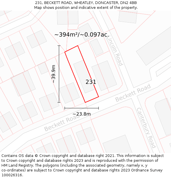 231, BECKETT ROAD, WHEATLEY, DONCASTER, DN2 4BB: Plot and title map
