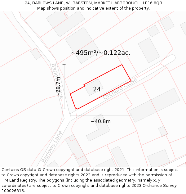 24, BARLOWS LANE, WILBARSTON, MARKET HARBOROUGH, LE16 8QB: Plot and title map