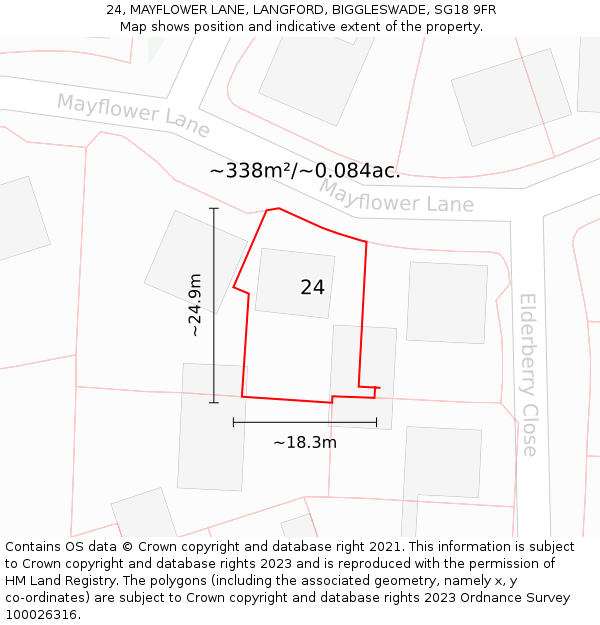 24, MAYFLOWER LANE, LANGFORD, BIGGLESWADE, SG18 9FR: Plot and title map