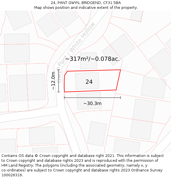 24, PANT GWYN, BRIDGEND, CF31 5BA: Plot and title map