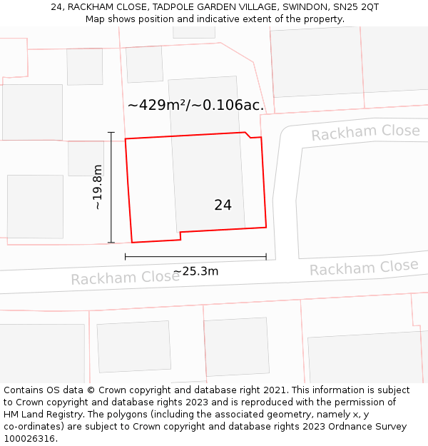 24, RACKHAM CLOSE, TADPOLE GARDEN VILLAGE, SWINDON, SN25 2QT: Plot and title map