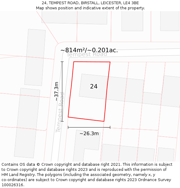 24, TEMPEST ROAD, BIRSTALL, LEICESTER, LE4 3BE: Plot and title map