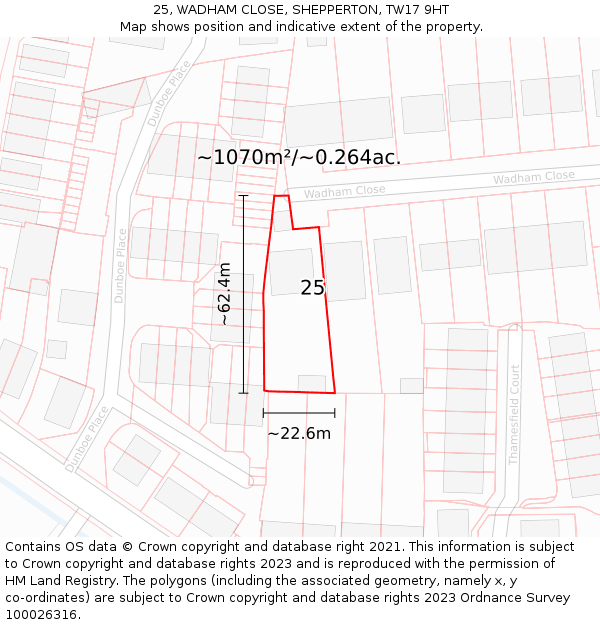 25, WADHAM CLOSE, SHEPPERTON, TW17 9HT: Plot and title map