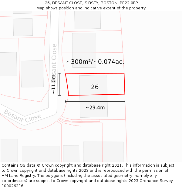 26, BESANT CLOSE, SIBSEY, BOSTON, PE22 0RP: Plot and title map