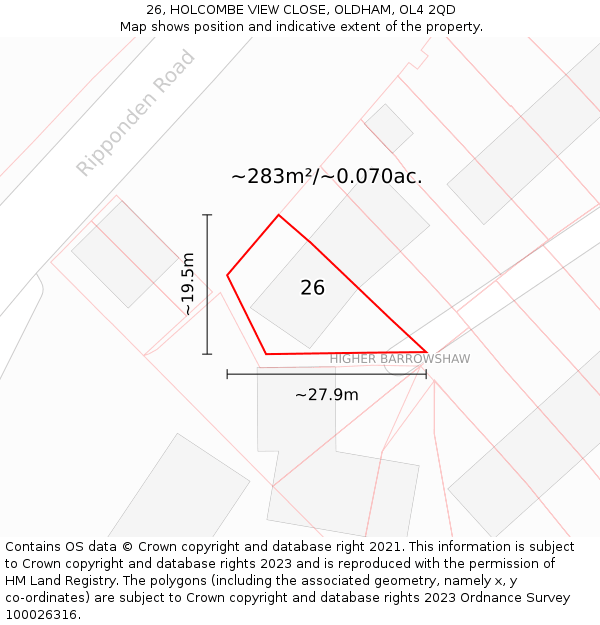 26, HOLCOMBE VIEW CLOSE, OLDHAM, OL4 2QD: Plot and title map