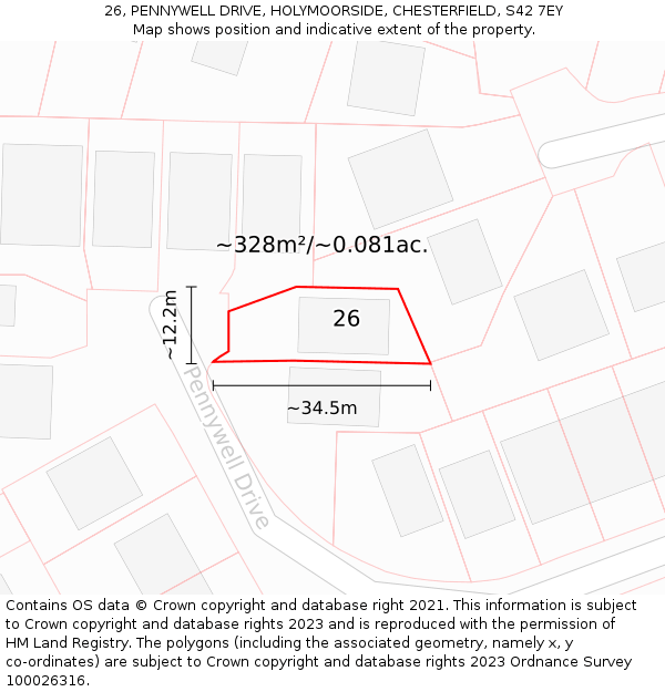 26, PENNYWELL DRIVE, HOLYMOORSIDE, CHESTERFIELD, S42 7EY: Plot and title map