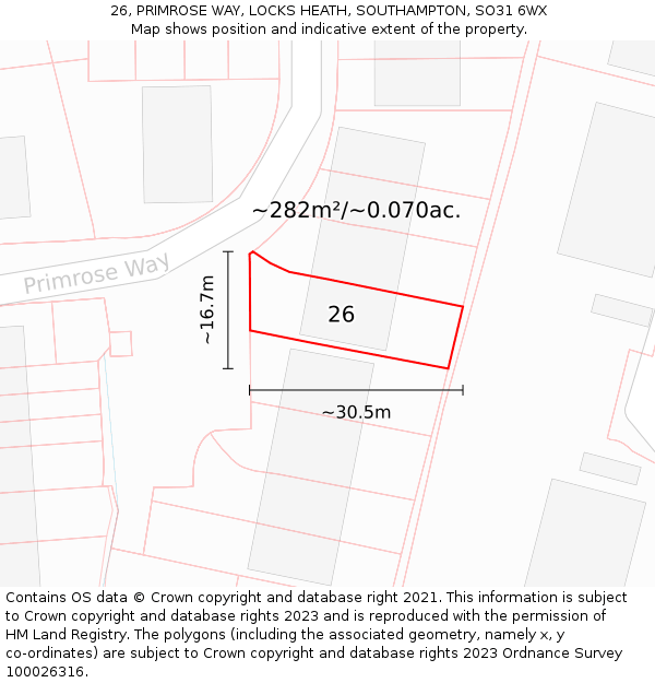 26, PRIMROSE WAY, LOCKS HEATH, SOUTHAMPTON, SO31 6WX: Plot and title map