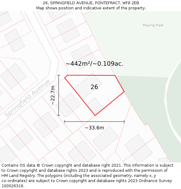 26, SPRINGFIELD AVENUE, PONTEFRACT, WF8 2EB: Plot and title map