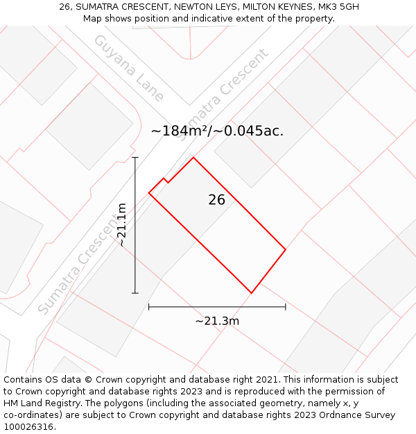 26, SUMATRA CRESCENT, NEWTON LEYS, MILTON KEYNES, MK3 5GH: Plot and title map