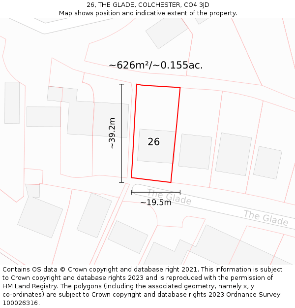 26, THE GLADE, COLCHESTER, CO4 3JD: Plot and title map