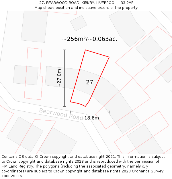 27, BEARWOOD ROAD, KIRKBY, LIVERPOOL, L33 2AF: Plot and title map