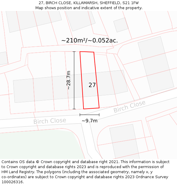 27, BIRCH CLOSE, KILLAMARSH, SHEFFIELD, S21 1FW: Plot and title map