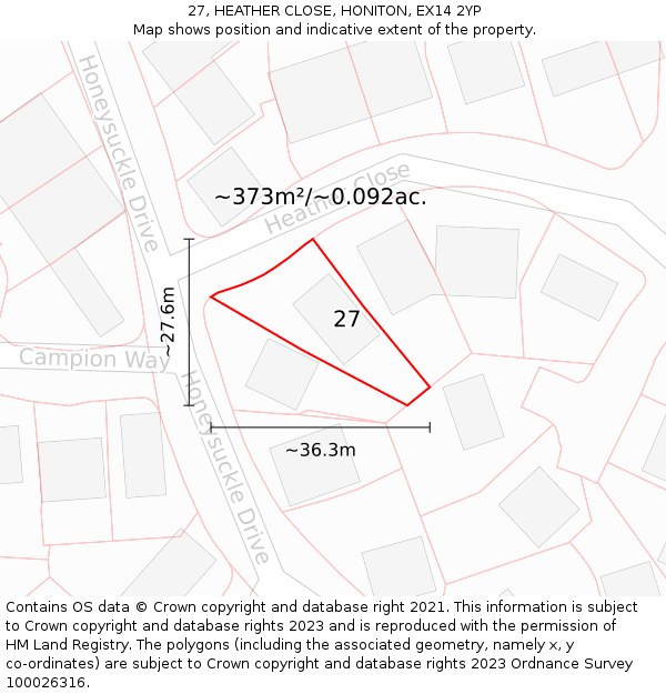 27, HEATHER CLOSE, HONITON, EX14 2YP: Plot and title map