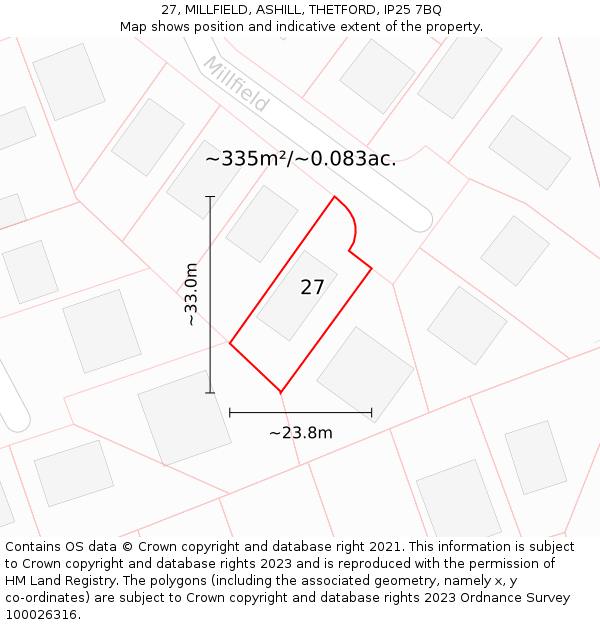 27, MILLFIELD, ASHILL, THETFORD, IP25 7BQ: Plot and title map