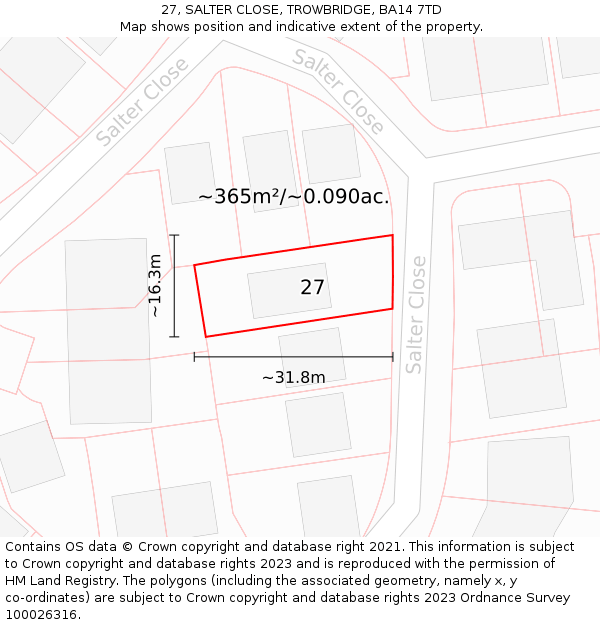 27, SALTER CLOSE, TROWBRIDGE, BA14 7TD: Plot and title map
