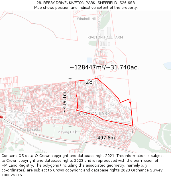 28, BERRY DRIVE, KIVETON PARK, SHEFFIELD, S26 6SR: Plot and title map