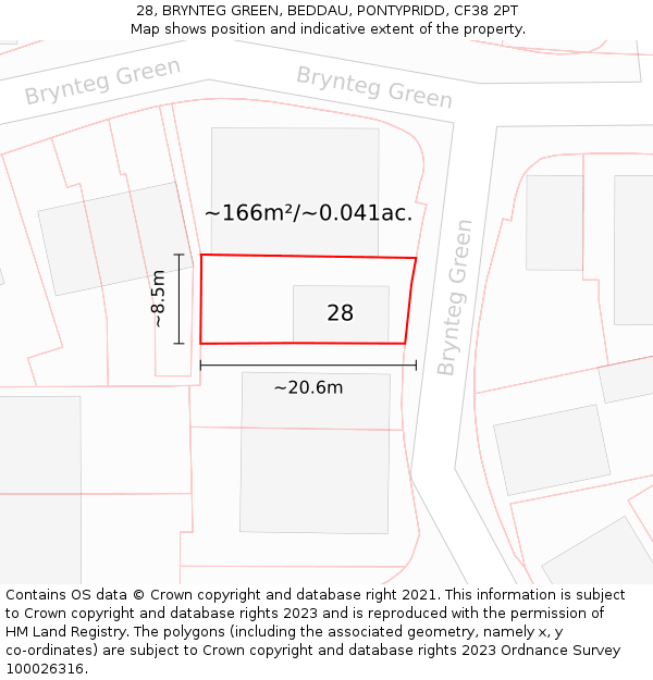28, BRYNTEG GREEN, BEDDAU, PONTYPRIDD, CF38 2PT: Plot and title map