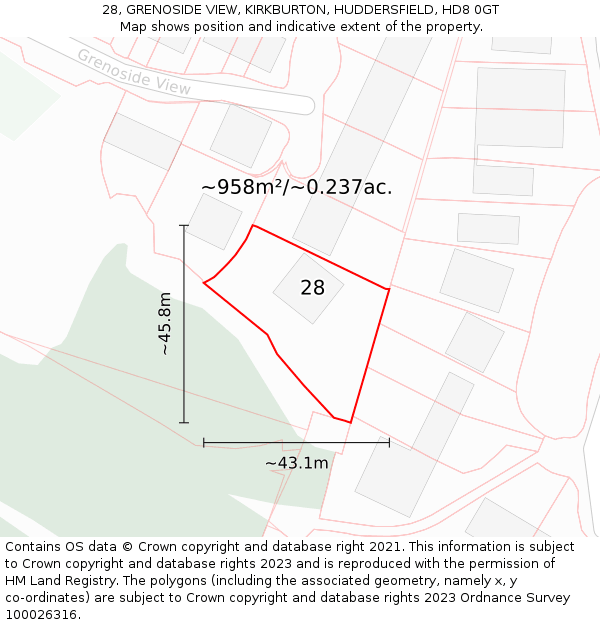 28, GRENOSIDE VIEW, KIRKBURTON, HUDDERSFIELD, HD8 0GT: Plot and title map