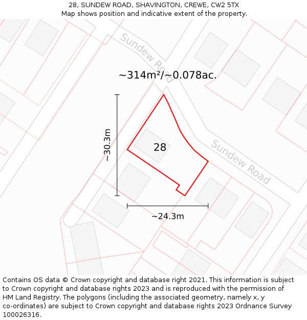 28, SUNDEW ROAD, SHAVINGTON, CREWE, CW2 5TX: Plot and title map