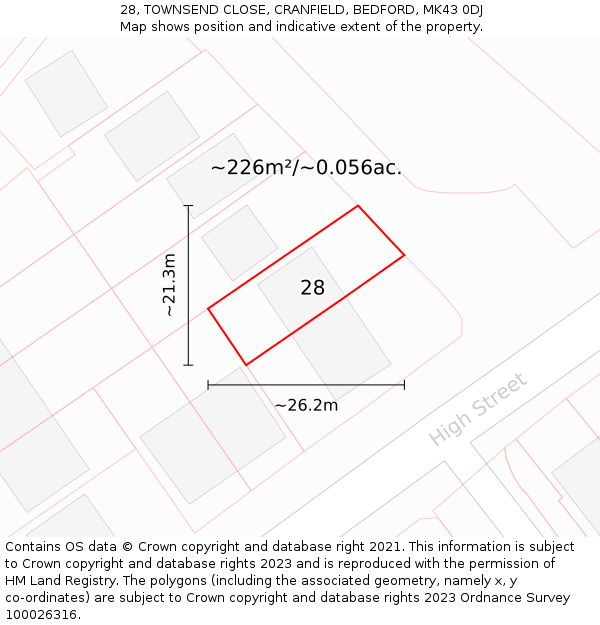 28, TOWNSEND CLOSE, CRANFIELD, BEDFORD, MK43 0DJ: Plot and title map