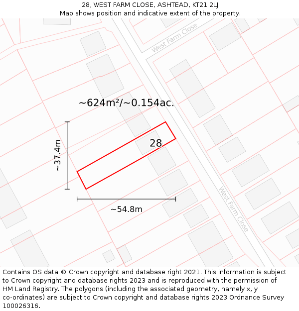 28, WEST FARM CLOSE, ASHTEAD, KT21 2LJ: Plot and title map