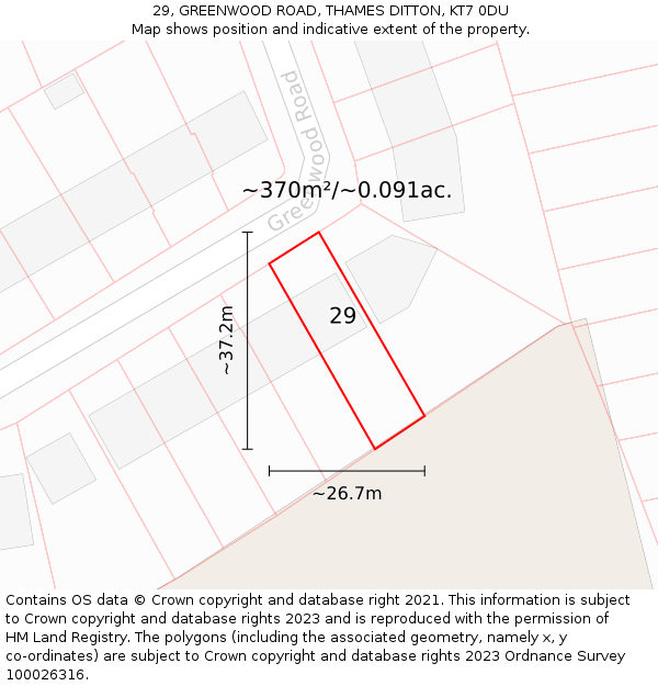 29, GREENWOOD ROAD, THAMES DITTON, KT7 0DU: Plot and title map