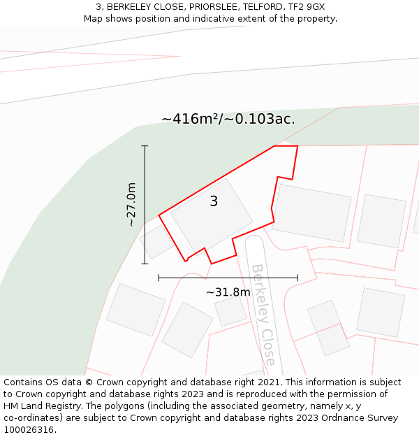 3, BERKELEY CLOSE, PRIORSLEE, TELFORD, TF2 9GX: Plot and title map