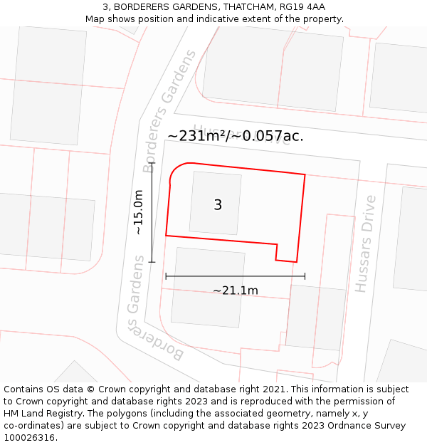 3, BORDERERS GARDENS, THATCHAM, RG19 4AA: Plot and title map