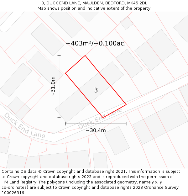 3, DUCK END LANE, MAULDEN, BEDFORD, MK45 2DL: Plot and title map