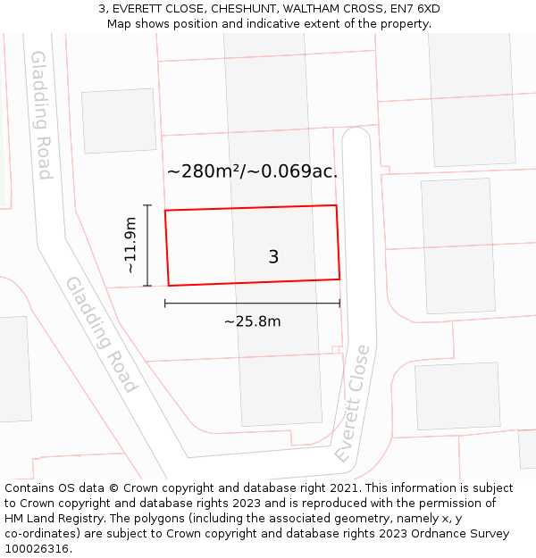 3, EVERETT CLOSE, CHESHUNT, WALTHAM CROSS, EN7 6XD: Plot and title map