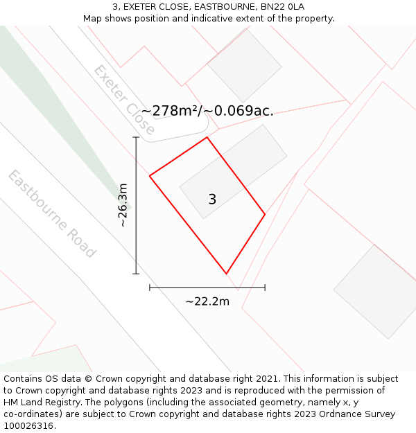 3, EXETER CLOSE, EASTBOURNE, BN22 0LA: Plot and title map
