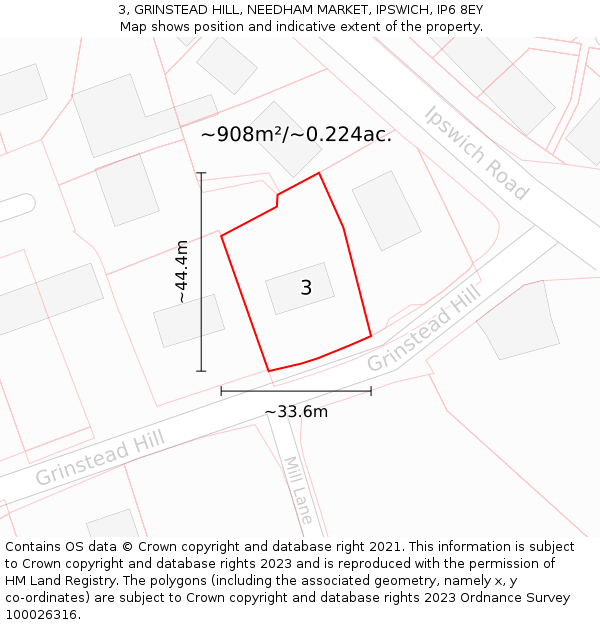 3, GRINSTEAD HILL, NEEDHAM MARKET, IPSWICH, IP6 8EY: Plot and title map