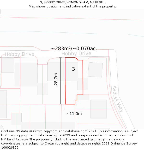 3, HOBBY DRIVE, WYMONDHAM, NR18 9FL: Plot and title map