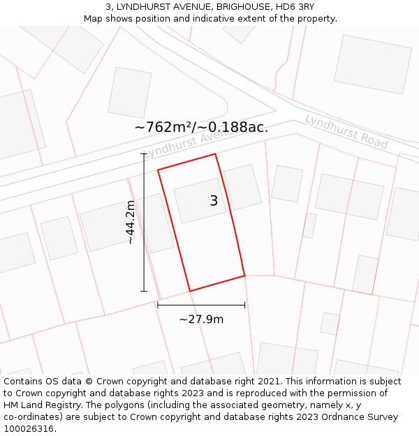 3, LYNDHURST AVENUE, BRIGHOUSE, HD6 3RY: Plot and title map