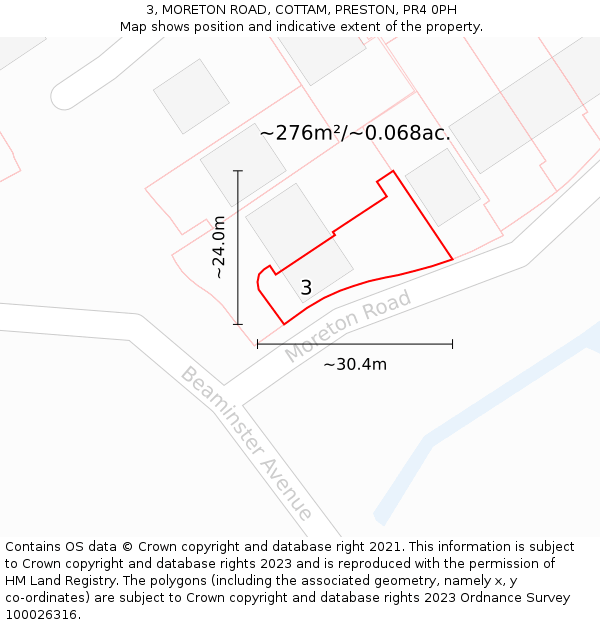 3, MORETON ROAD, COTTAM, PRESTON, PR4 0PH: Plot and title map