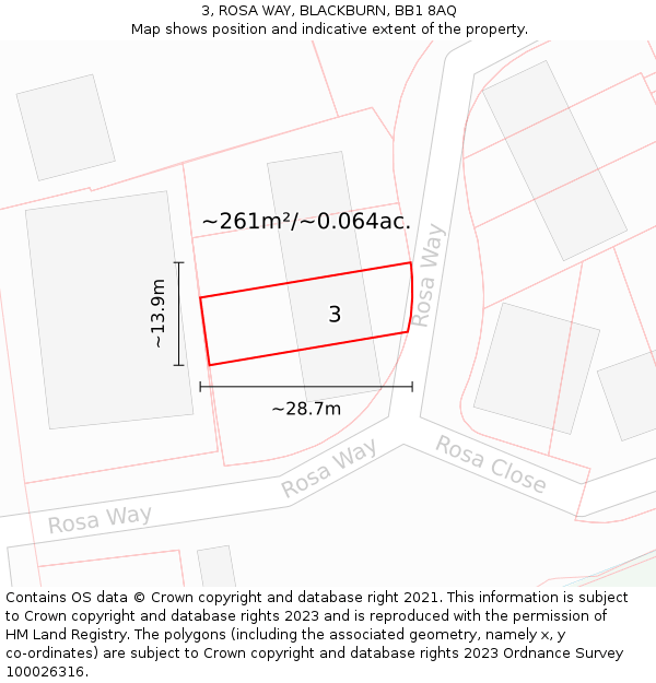 3, ROSA WAY, BLACKBURN, BB1 8AQ: Plot and title map