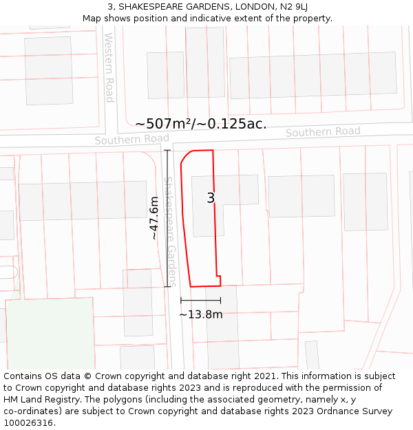3, SHAKESPEARE GARDENS, LONDON, N2 9LJ: Plot and title map