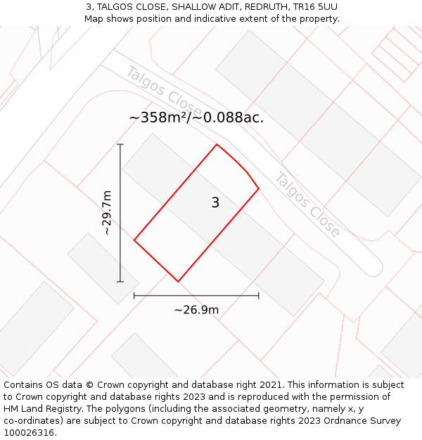 3, TALGOS CLOSE, SHALLOW ADIT, REDRUTH, TR16 5UU: Plot and title map