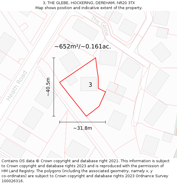 3, THE GLEBE, HOCKERING, DEREHAM, NR20 3TX: Plot and title map
