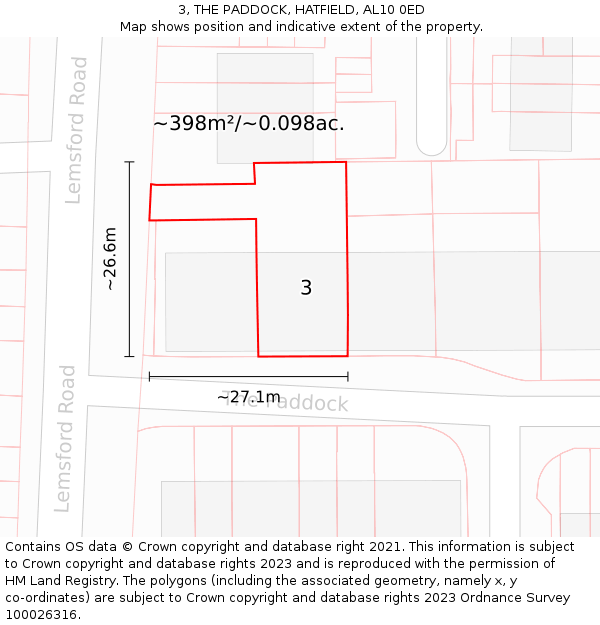 3, THE PADDOCK, HATFIELD, AL10 0ED: Plot and title map