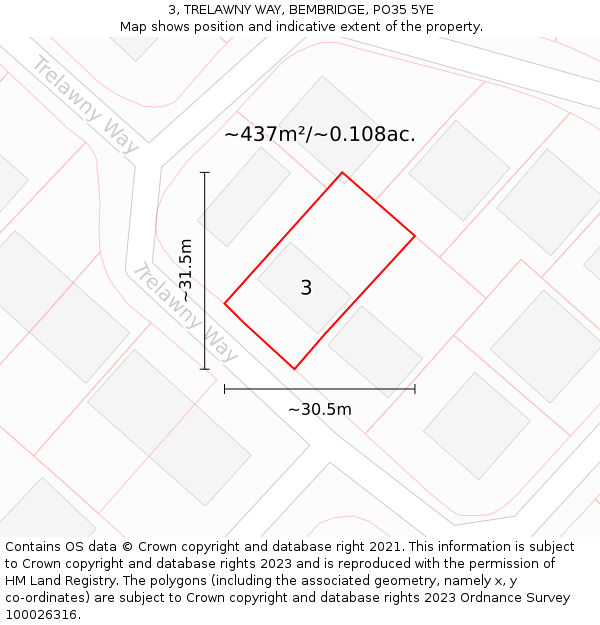 3, TRELAWNY WAY, BEMBRIDGE, PO35 5YE: Plot and title map