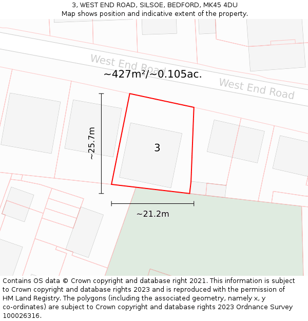3, WEST END ROAD, SILSOE, BEDFORD, MK45 4DU: Plot and title map