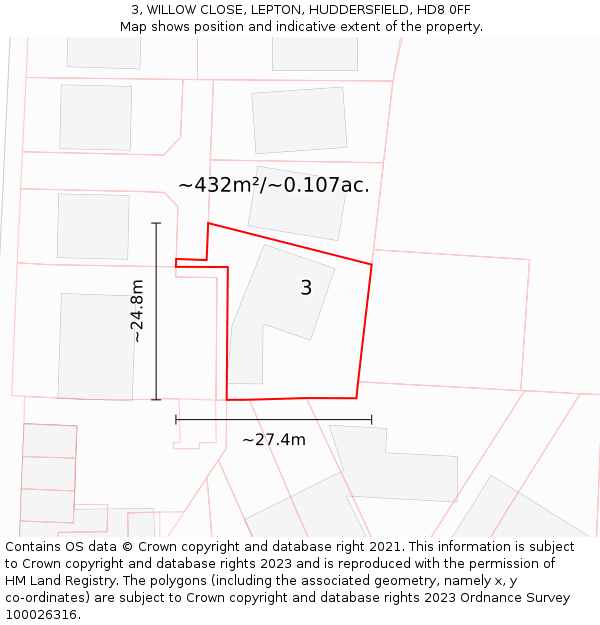 3, WILLOW CLOSE, LEPTON, HUDDERSFIELD, HD8 0FF: Plot and title map